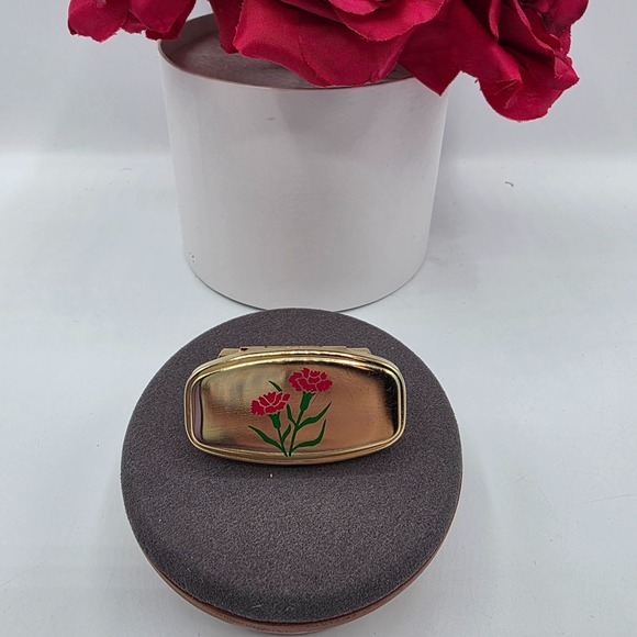 Vintage Gold Tone Floral Compact Lipstick Holder Case Mirror Japan Embossed